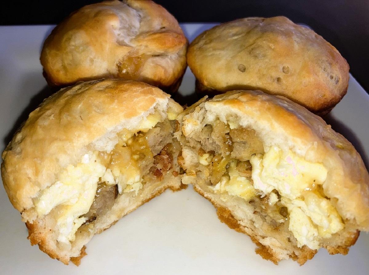 Bacon, Sausage, Egg and Cheese Stuffed Biscuits